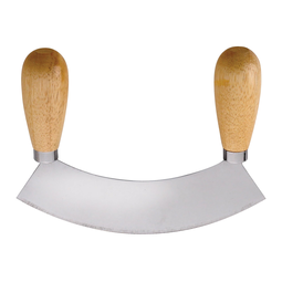 An evenly curved blade with wooden handles on both ends